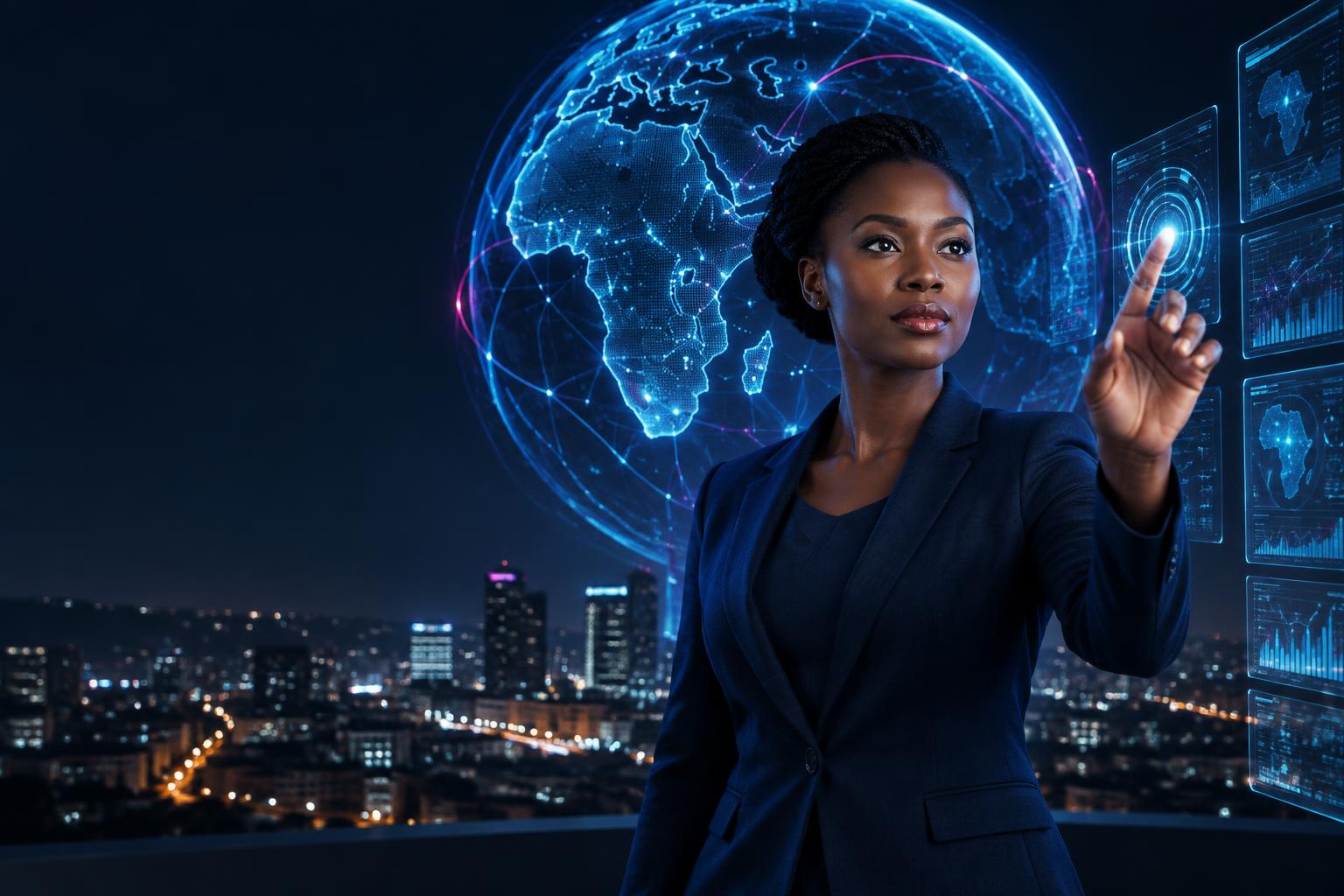 African technology leader interacting with Vynorqa's connected AI network